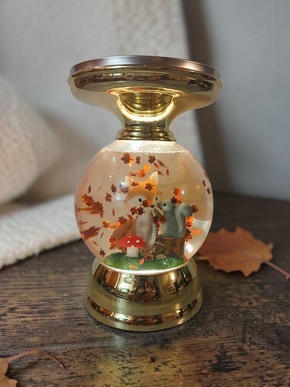 Gold Fall Fox and Squirrel Water Globe Candle Holder